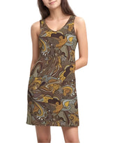 Rib-knit mini dress with retro Ondas wave pattern in earthy tones - Blissfully Brand